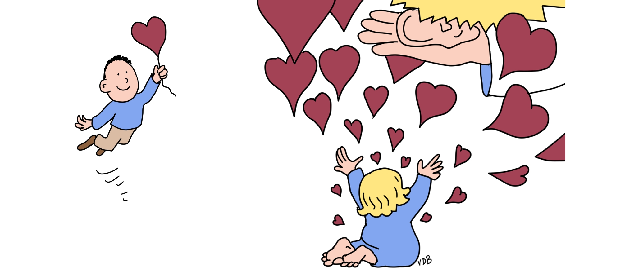 Des enfants envoient des tas de coeurs à Dieu qui tend l'oreille