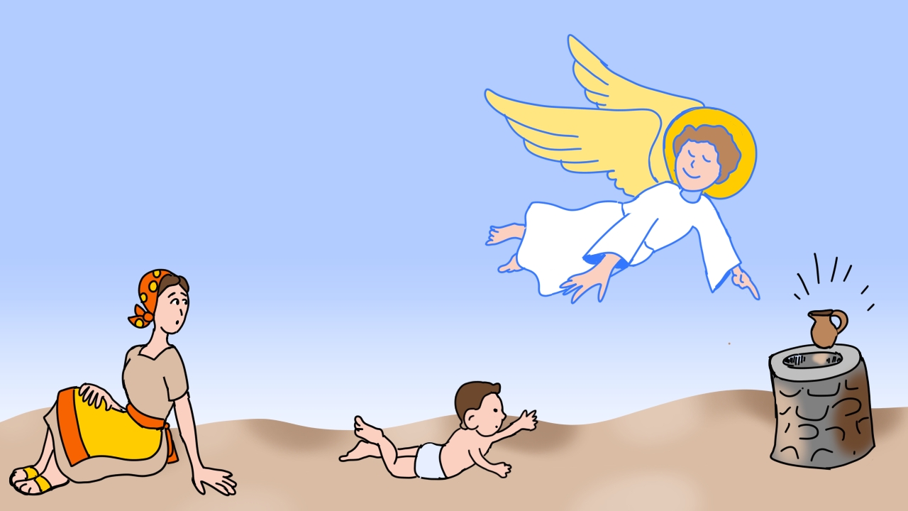 L'enfant Ismaël et sa maman Agar dans le désert aidés par un ange