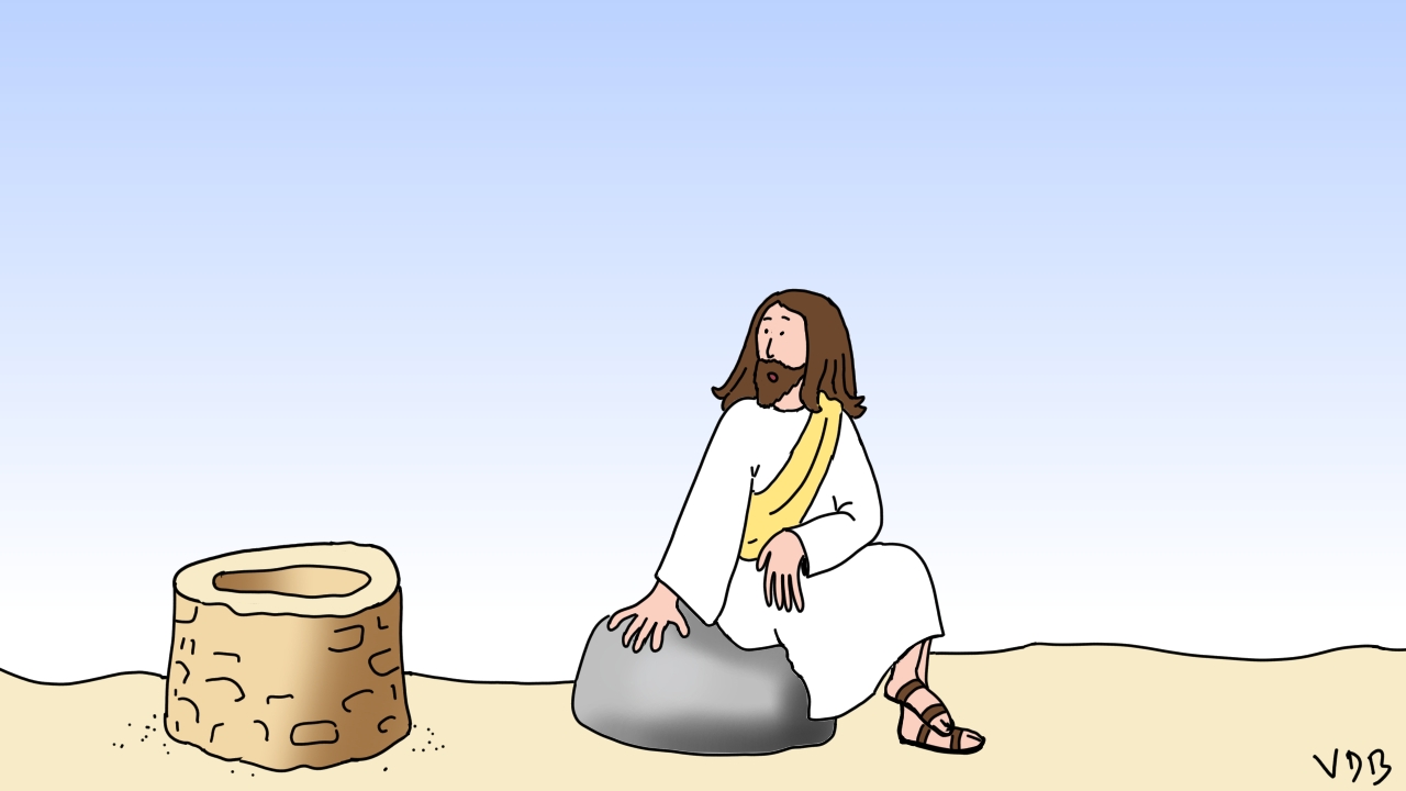 Jésus assis près d'un puits dans le désert