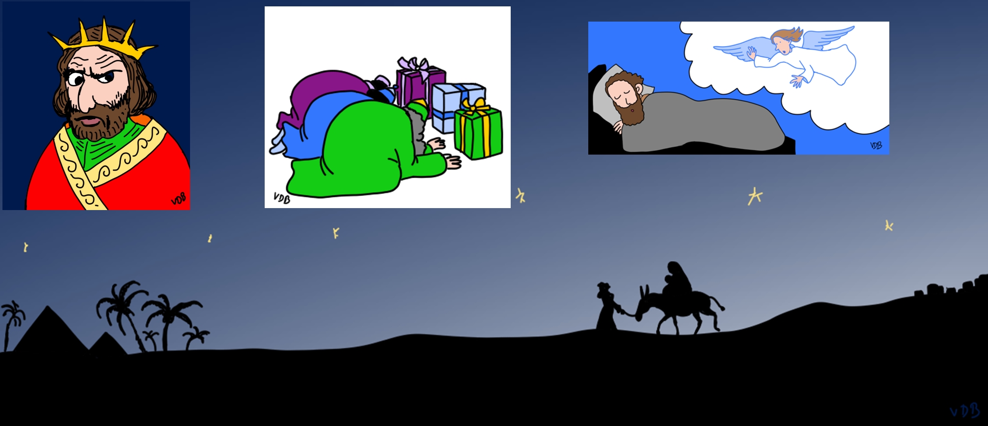 Hérode, les Mages, Joseph qui fait un songe, fuite en Égypte